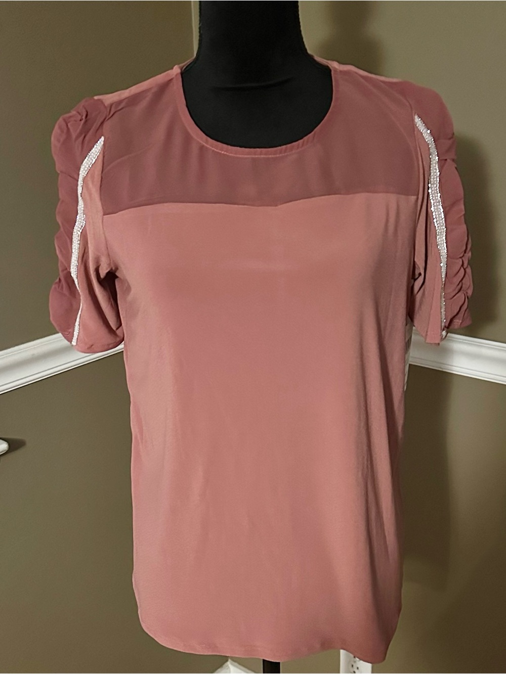 89th & Madison Dusty Rose Short Sleeve Blouse with Sheer Yoke